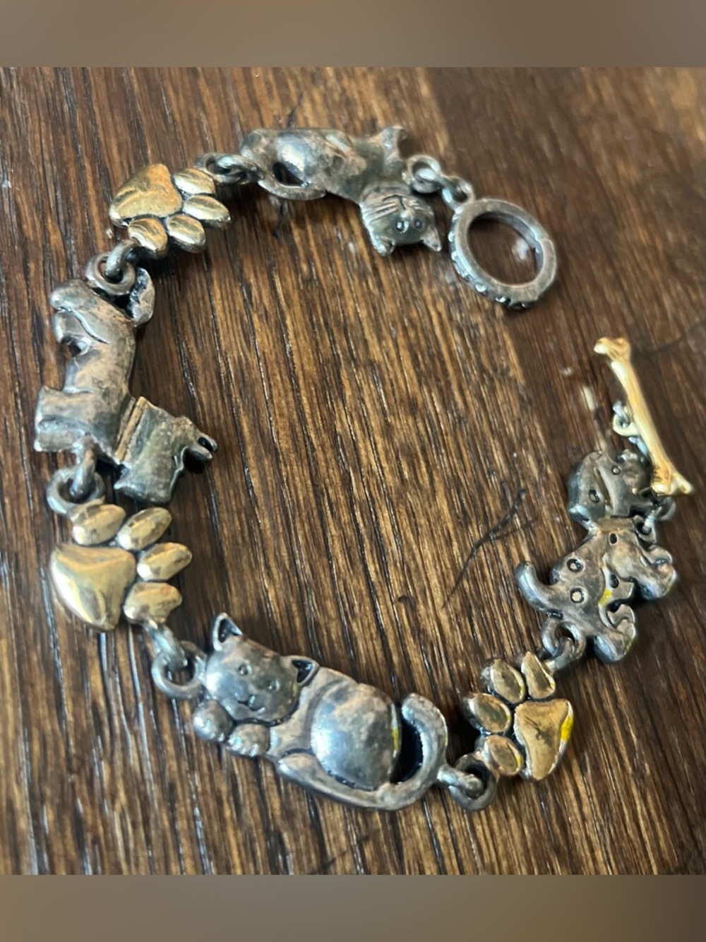 Vintage Premier Design Silver & Gold Tone  Dog and Cat Toggle Bracelet 7 1/2 In”